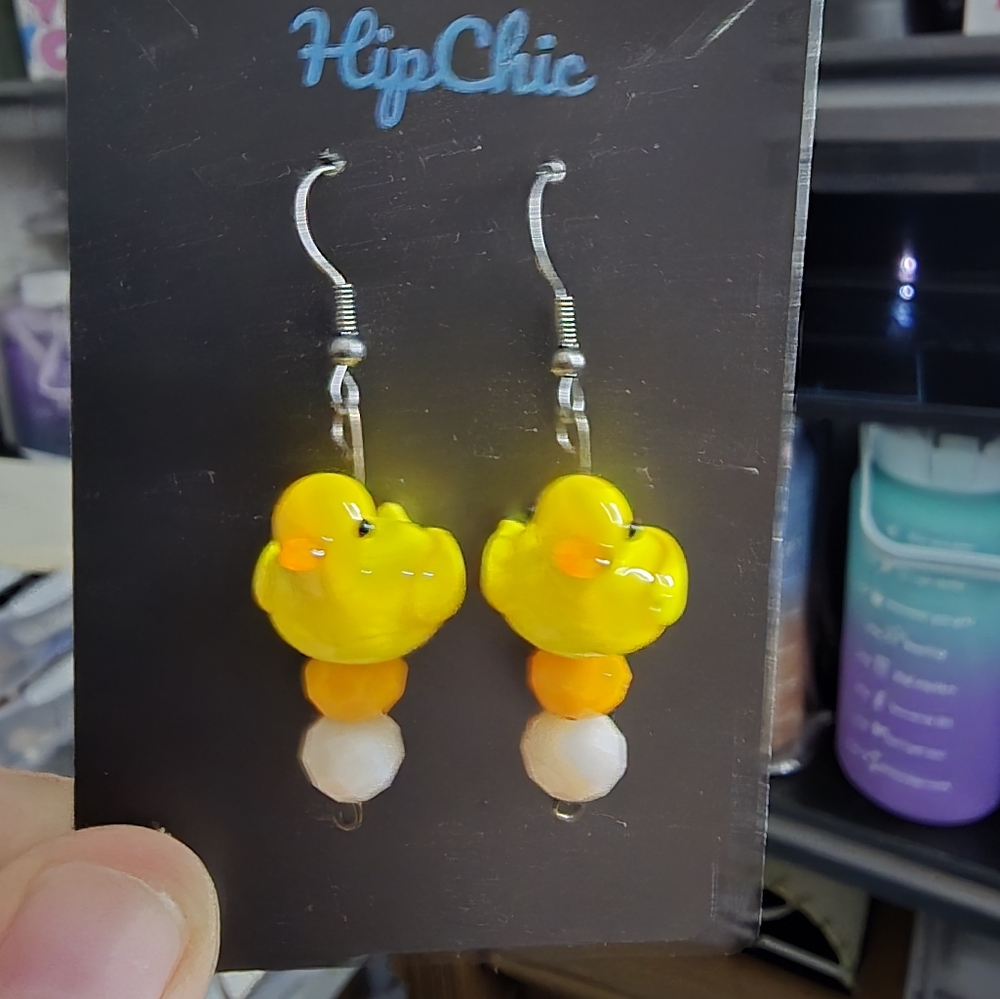 Yellow Duck Earrings with Beads - Picture 2 of 3